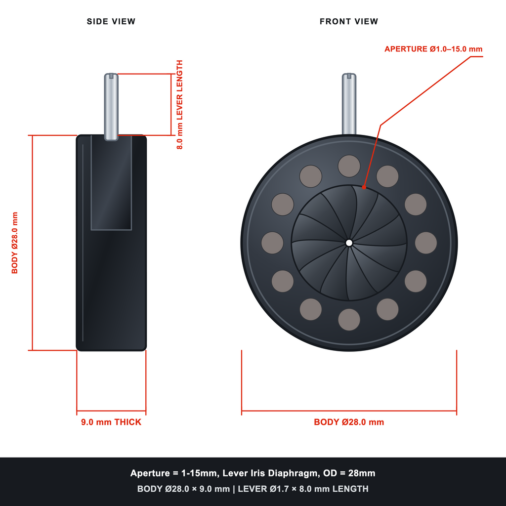 Aperture = Ø1-15mm, Lever Iris Diaphragm, Outer Diameter = Ø28mm
