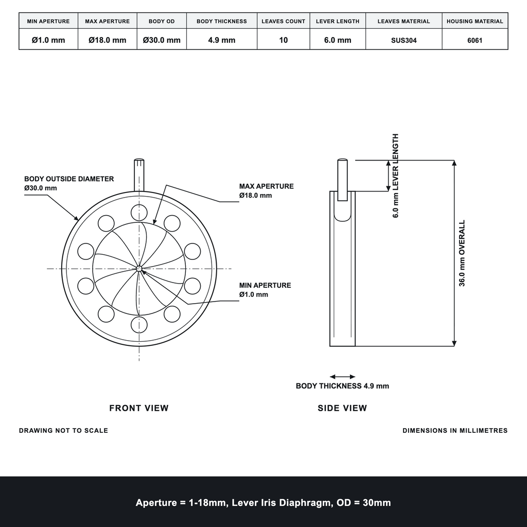 Aperture = Ø1-18mm, Lever Iris Diaphragm, Outer Diameter = Ø30mm