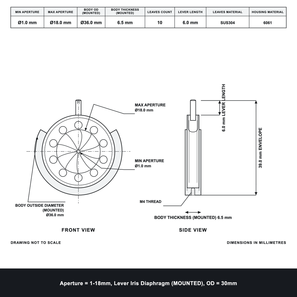 Aperture = Ø1-18mm, Lever Iris Diaphragm, Outer Diameter = Ø30mm
