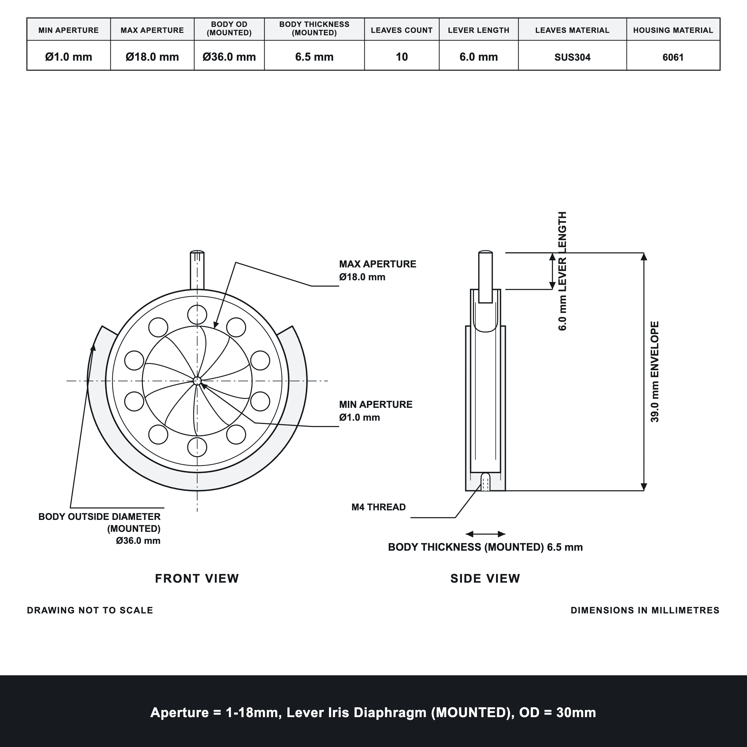 Aperture = Ø1-18mm, Lever Iris Diaphragm, Outer Diameter = Ø30mm