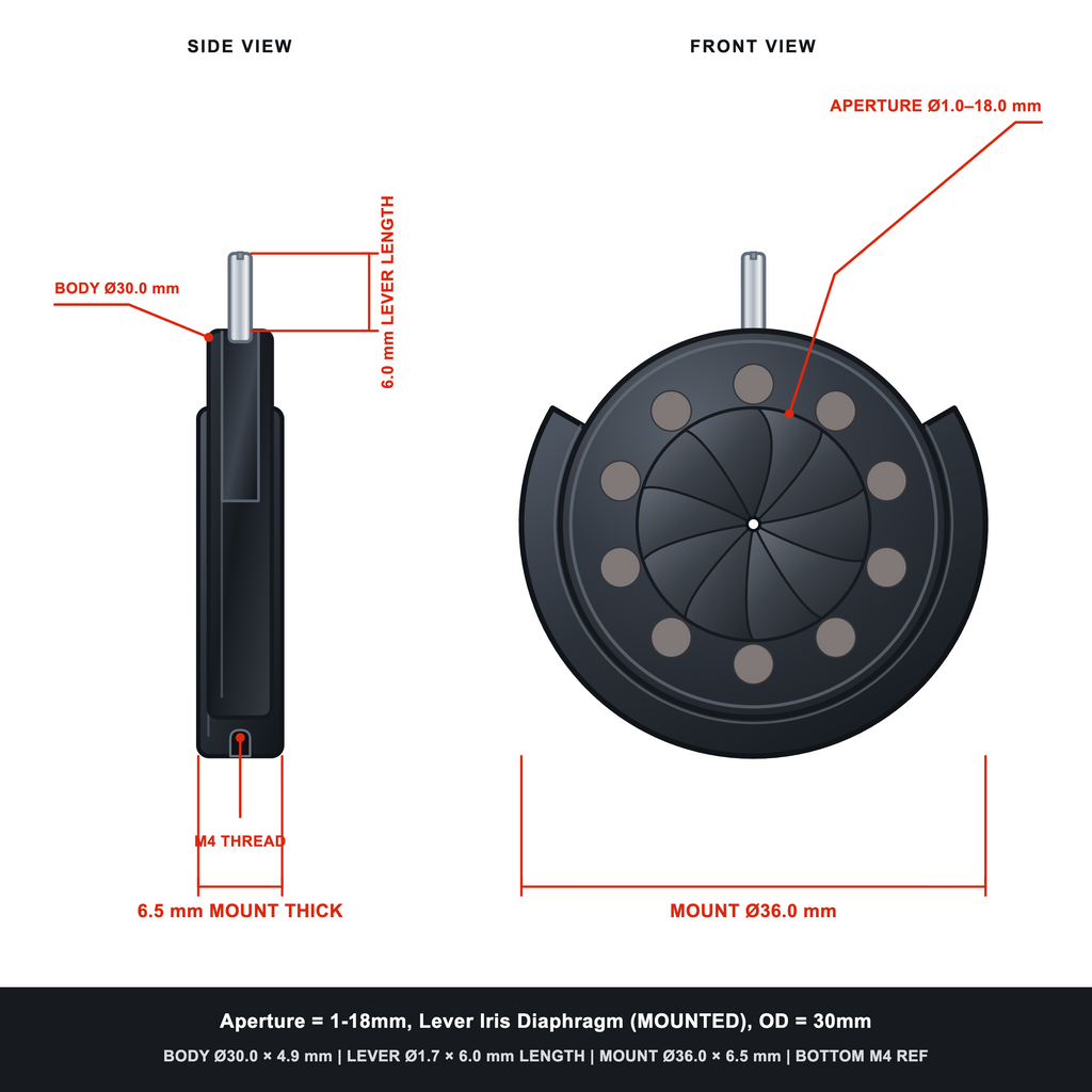 Aperture = Ø1-18mm, Lever Iris Diaphragm, Outer Diameter = Ø30mm