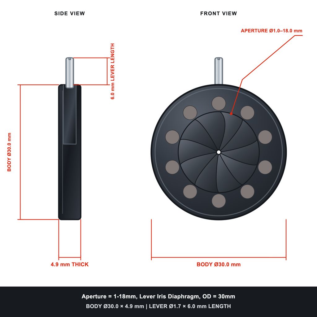 Aperture = Ø1-18mm, Lever Iris Diaphragm, Outer Diameter = Ø30mm