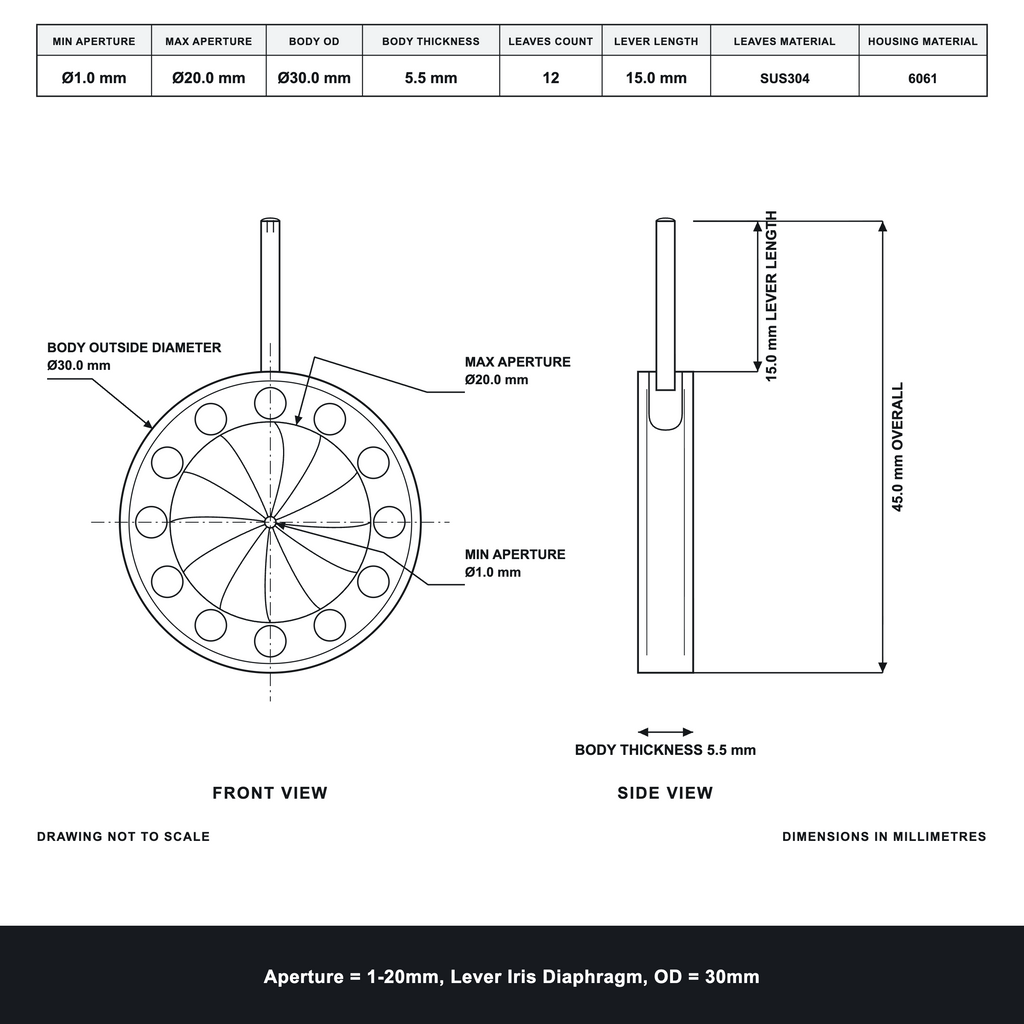 Aperture = Ø1-20mm, Lever Iris Diaphragm, Outer Diameter = Ø30mm