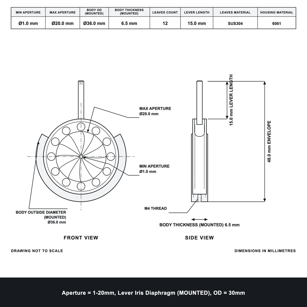 Aperture = Ø1-20mm, Lever Iris Diaphragm, Outer Diameter = Ø30mm