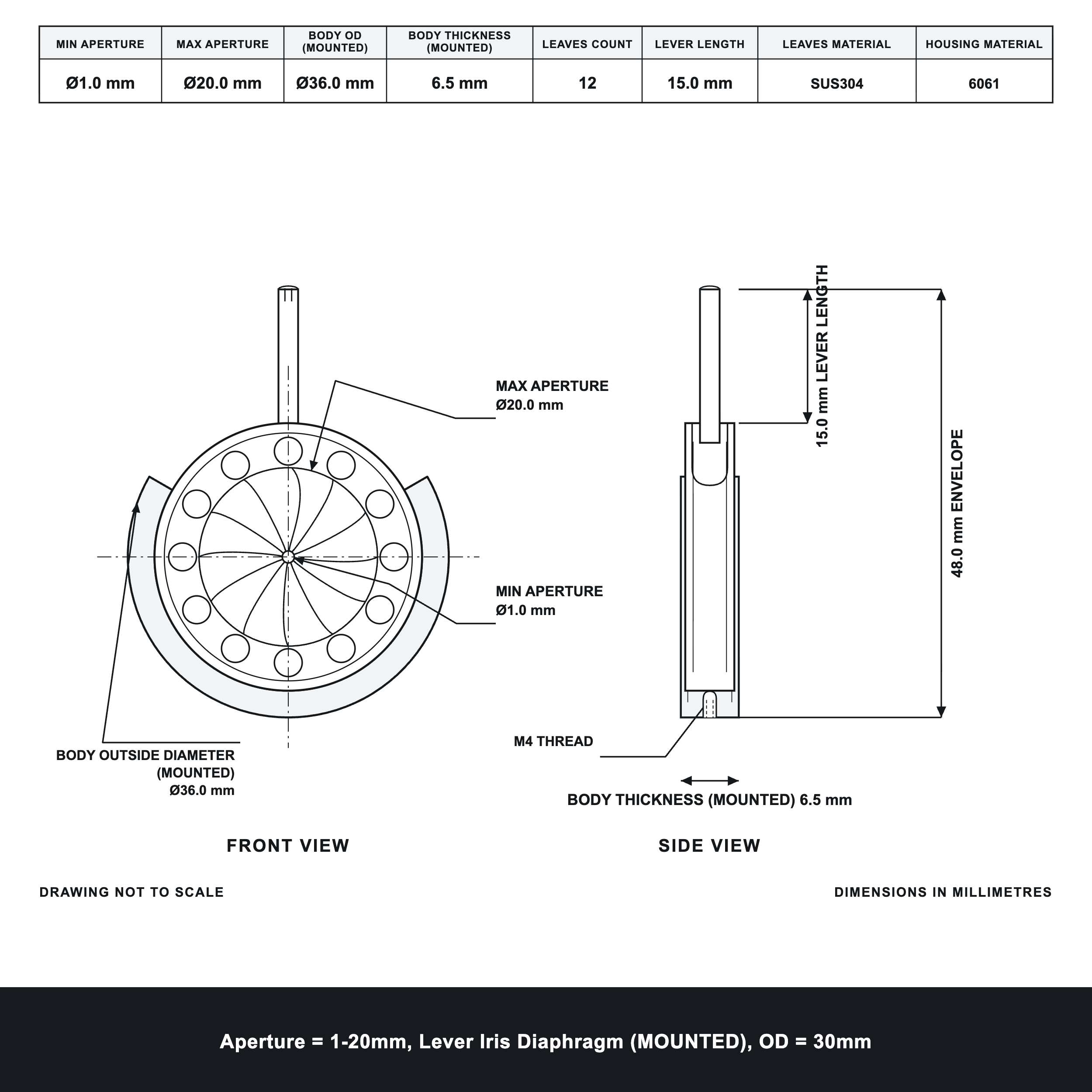 Aperture = Ø1-20mm, Lever Iris Diaphragm, Outer Diameter = Ø30mm