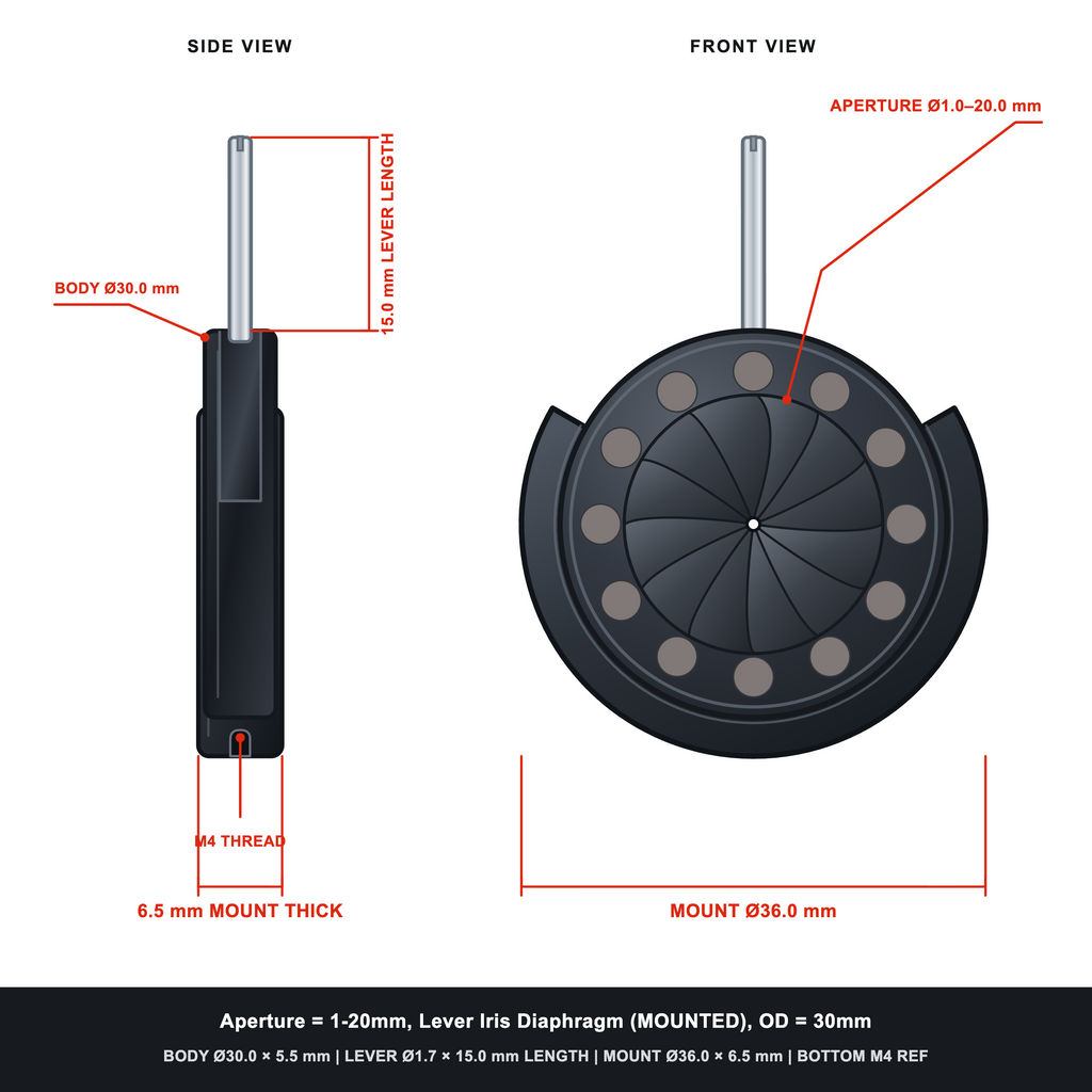 Aperture = Ø1-20mm, Lever Iris Diaphragm, Outer Diameter = Ø30mm