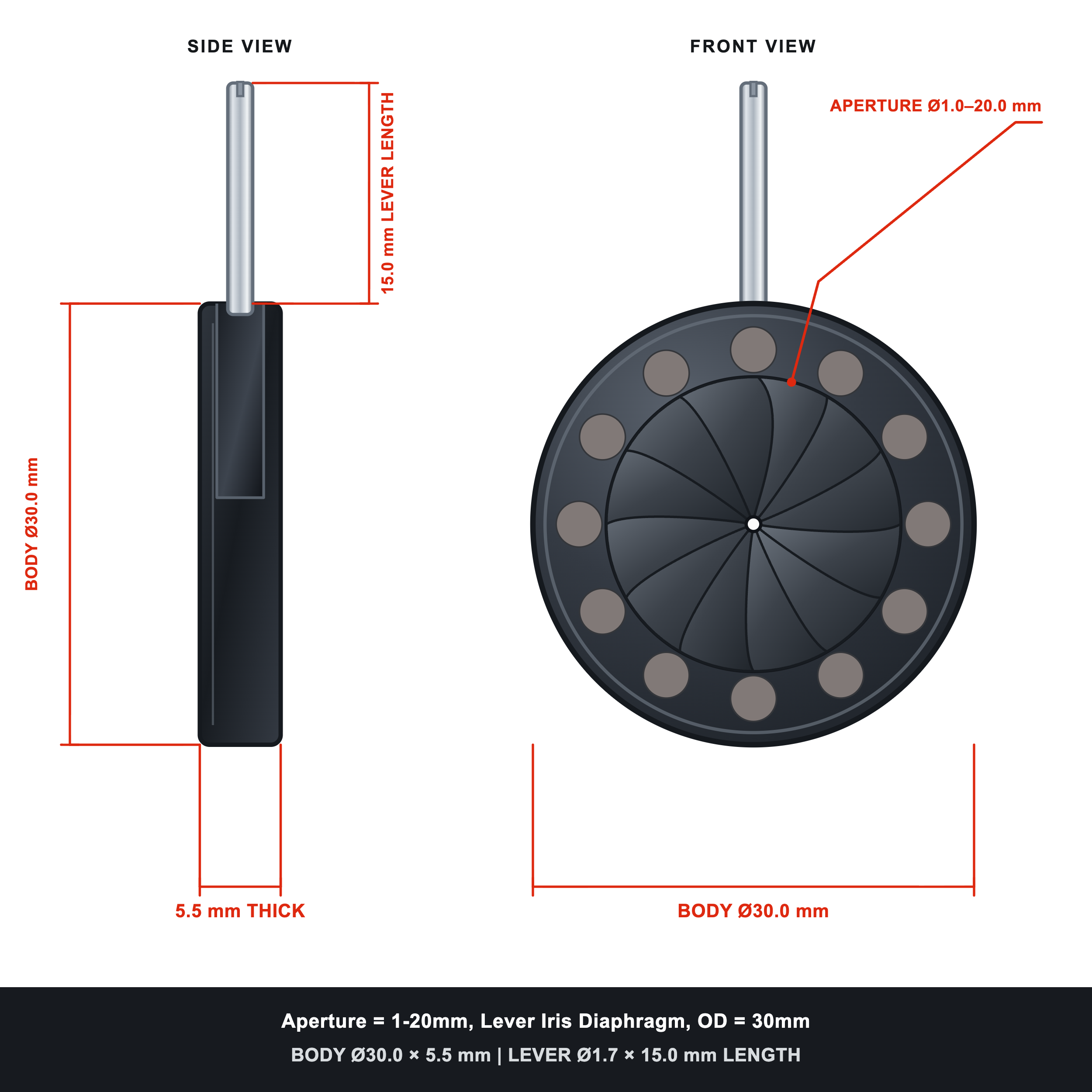 Aperture = Ø1-20mm, Lever Iris Diaphragm, Outer Diameter = Ø30mm