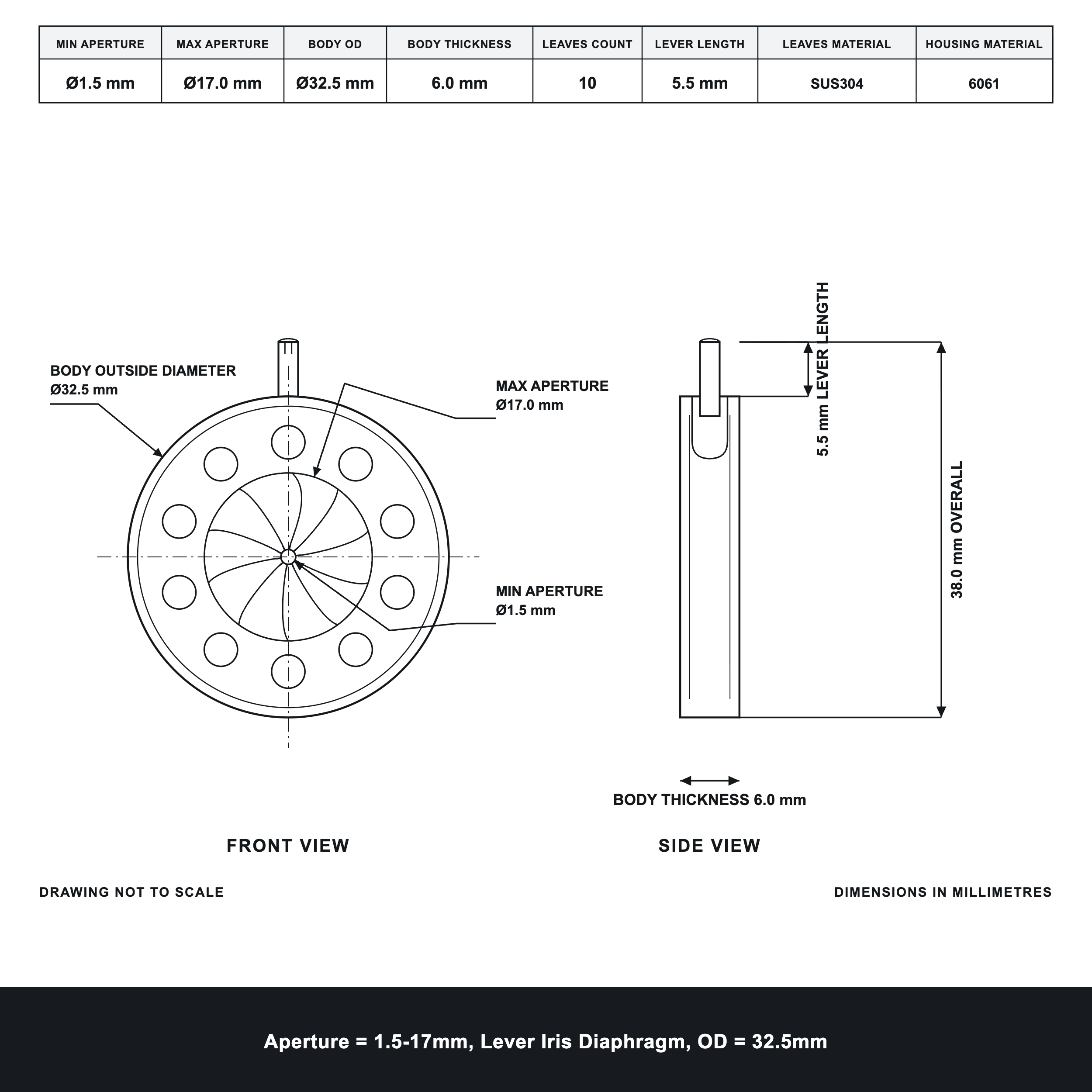 Aperture = Ø1.5-17mm, Lever Iris Diaphragm, Outer Diameter = Ø32.5mm
