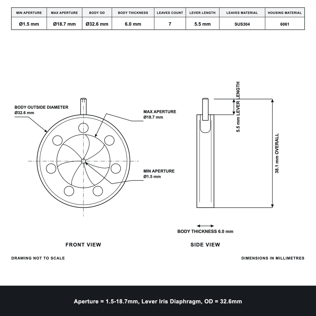 Aperture = Ø1.5-18.7mm, Lever Iris Diaphragm, Outer Diameter = Ø32.6mm