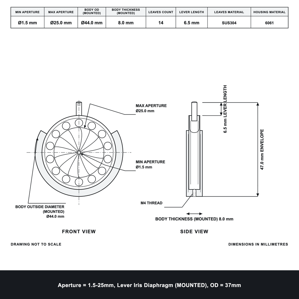 Aperture = Ø1.5-25mm, Lever Iris Diaphragm, Outer Diameter = Ø37mm