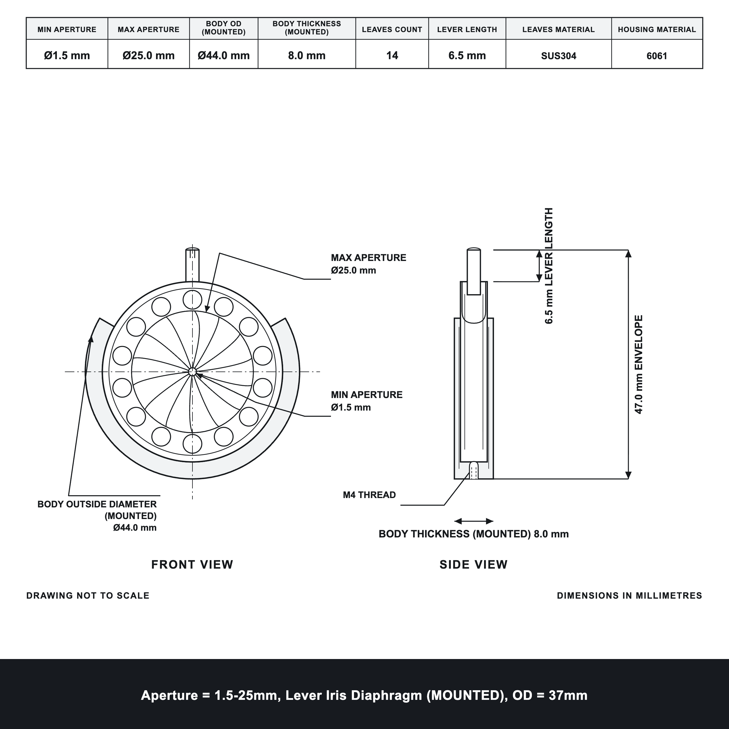 Aperture = Ø1.5-25mm, Lever Iris Diaphragm, Outer Diameter = Ø37mm