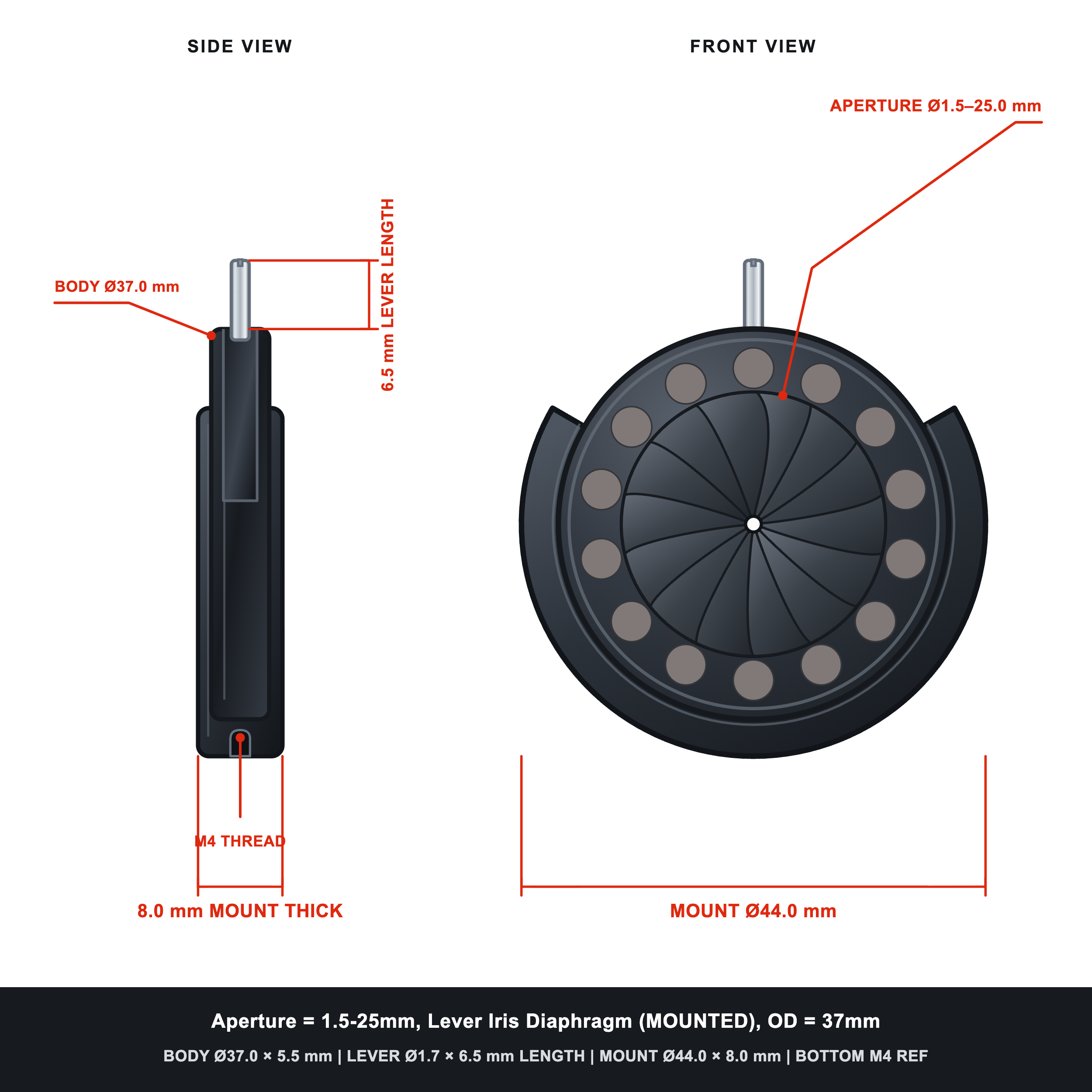 Aperture = Ø1.5-25mm, Lever Iris Diaphragm, Outer Diameter = Ø37mm