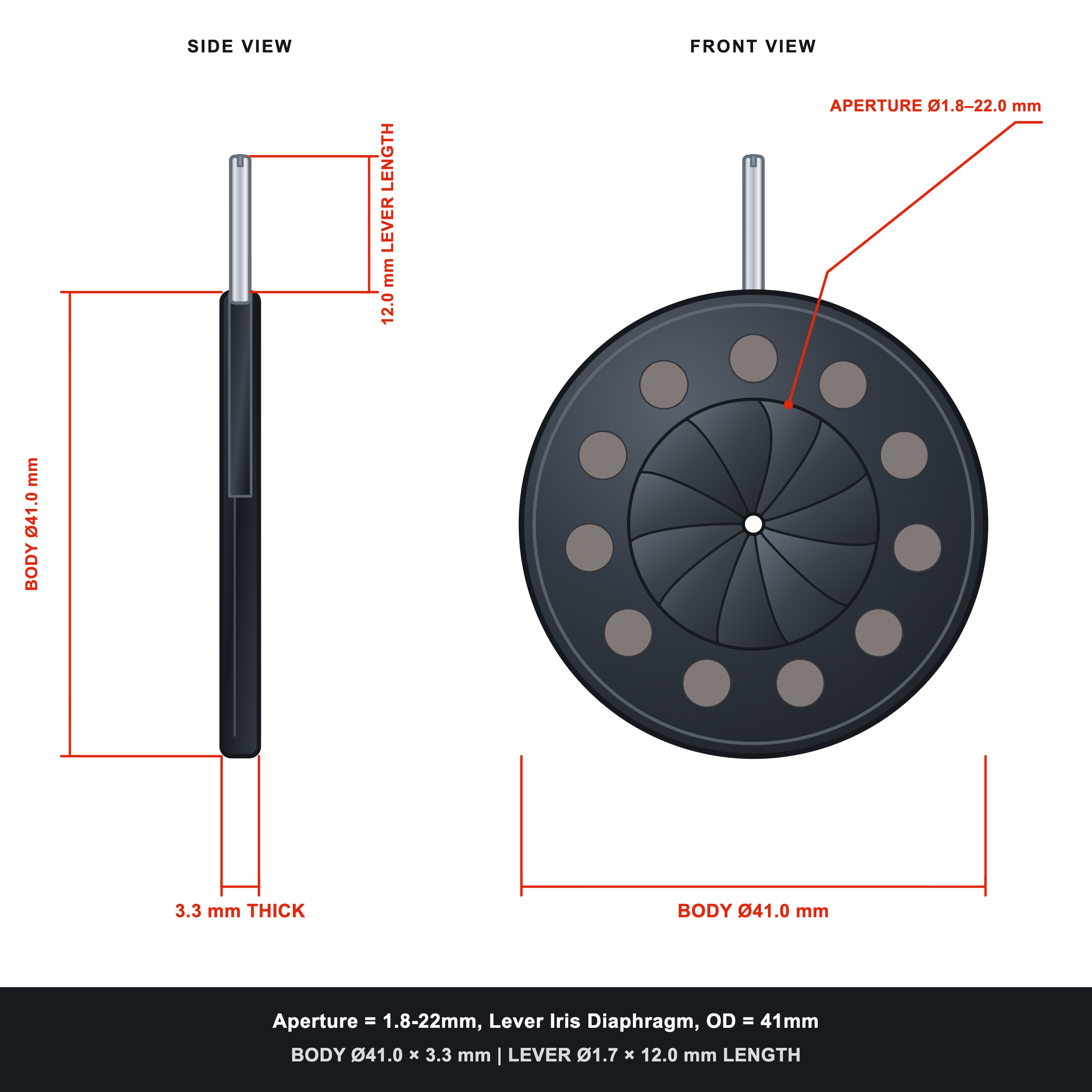 Aperture = Ø1.8-22mm, Lever Iris Diaphragm, Outer Diameter = Ø41mm