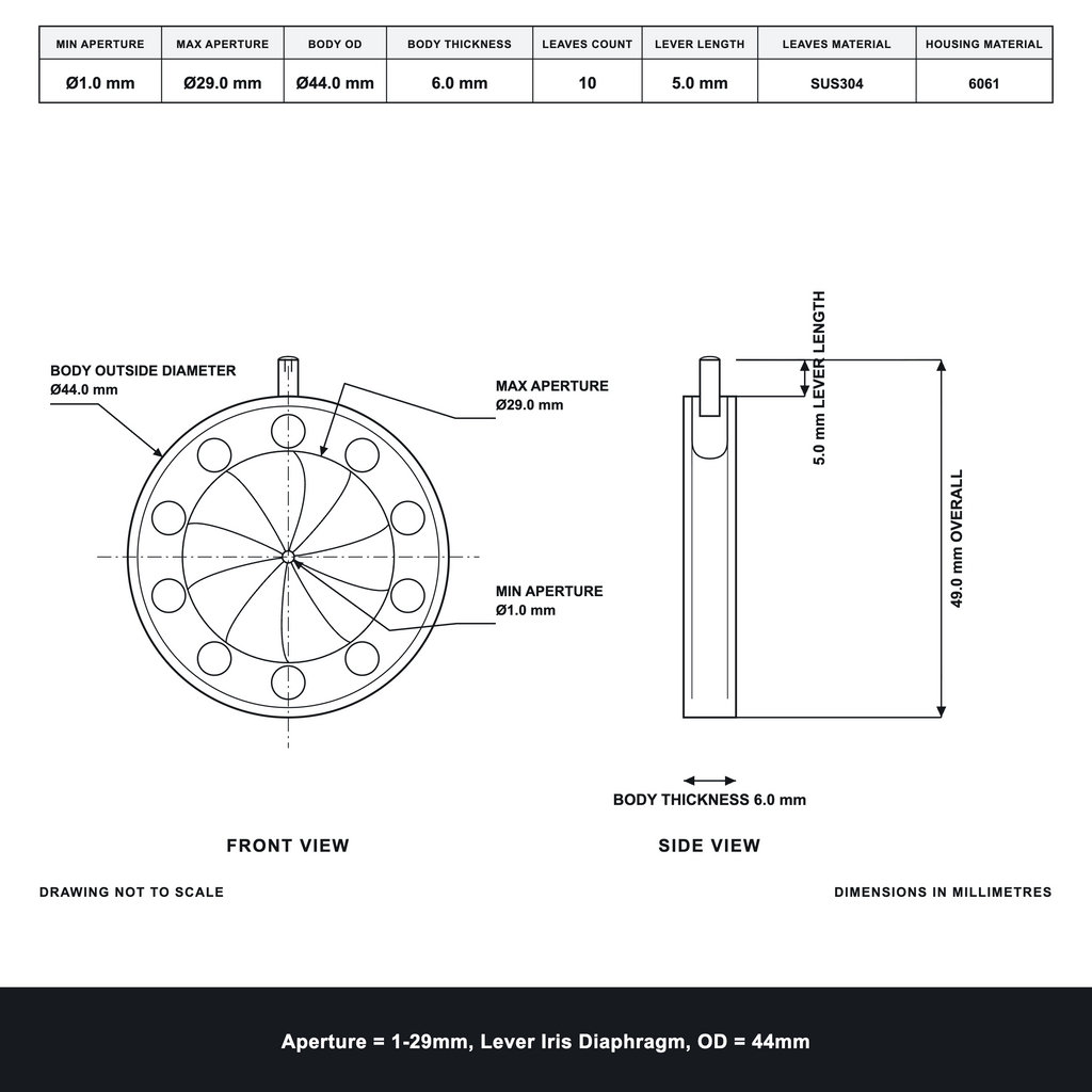 Aperture = Ø1-29mm, Lever Iris Diaphragm, Outer Diameter = Ø44mm