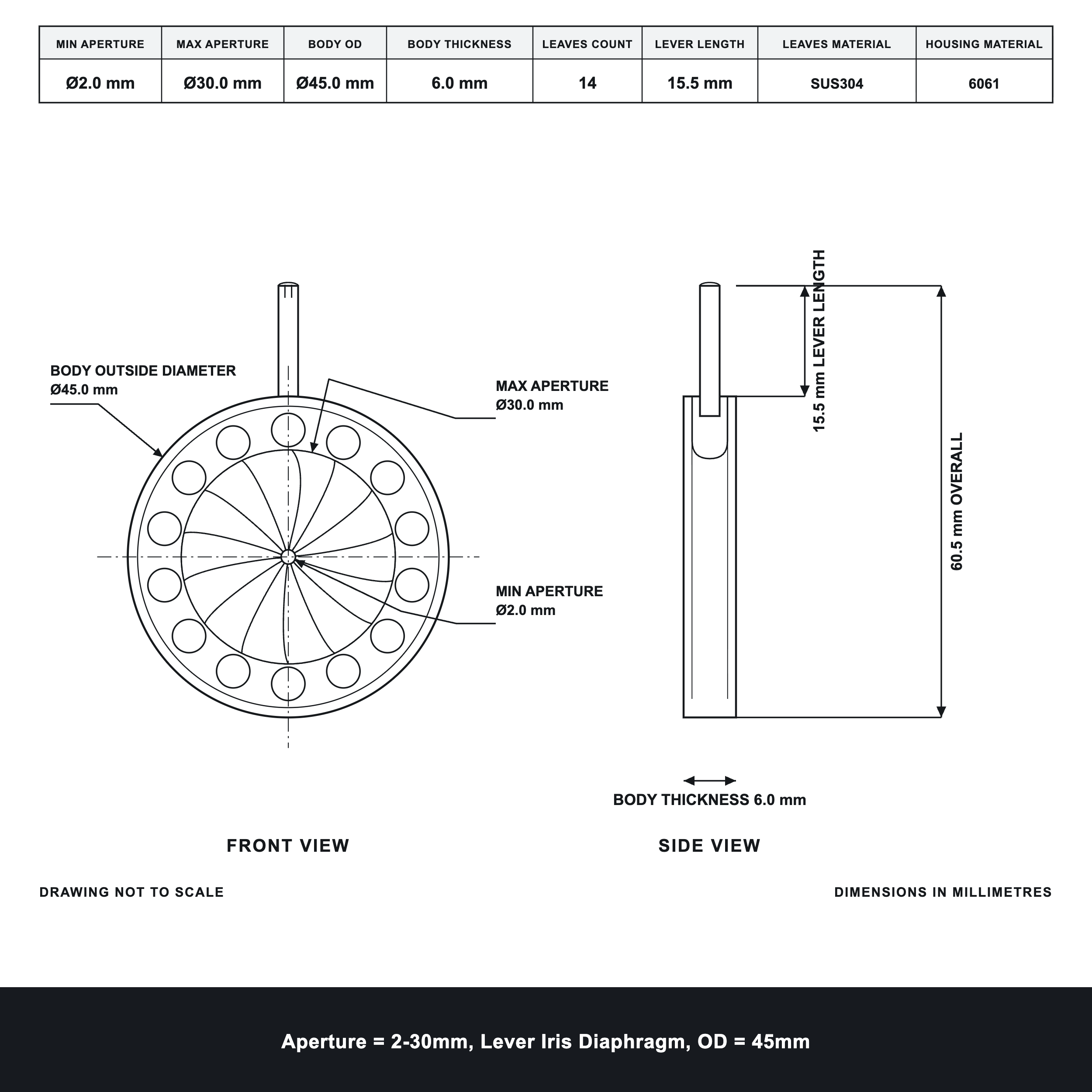 Aperture = Ø2-30mm, Lever Iris Diaphragm, Outer Diameter = Ø45mm