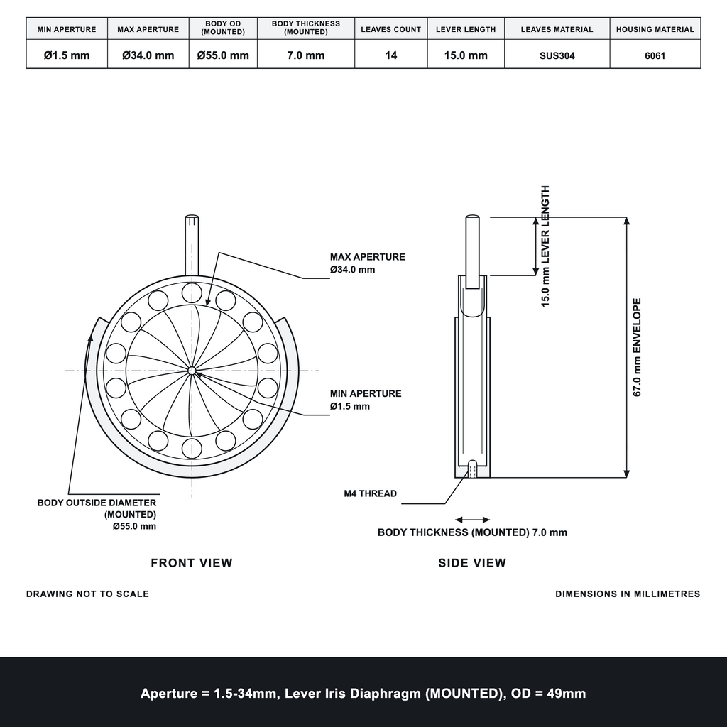 Aperture = Ø1.5-34mm, Lever Iris Diaphragm, Outer Diameter = Ø49mm