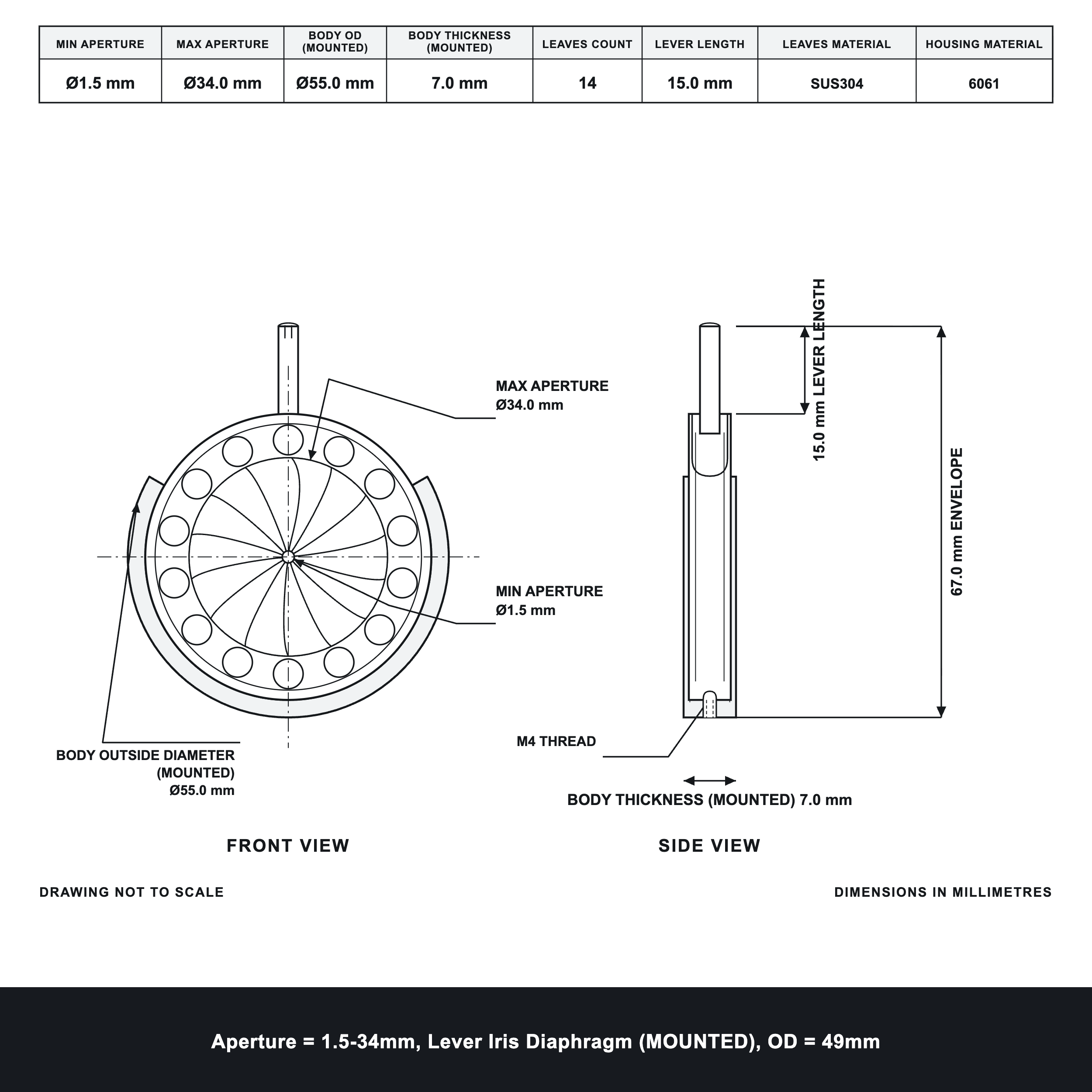 Aperture = Ø1.5-34mm, Lever Iris Diaphragm, Outer Diameter = Ø49mm
