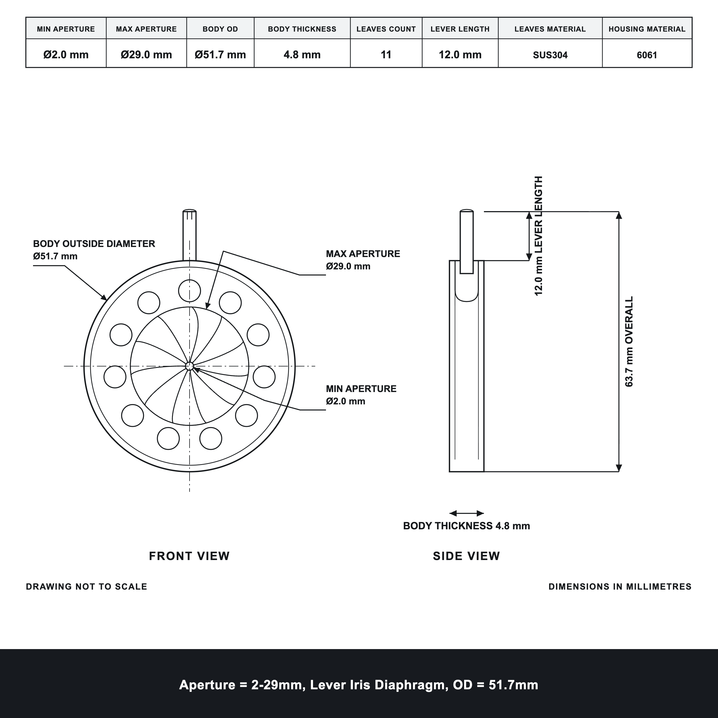 Aperture = Ø2-29mm, Lever Iris Diaphragm, Outer Diameter = Ø51.7mm