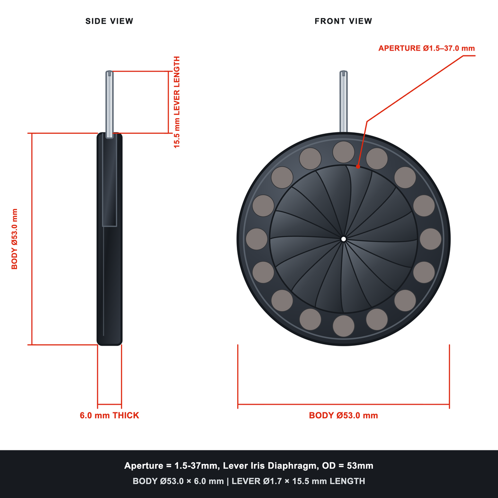 Aperture = Ø1.5-37mm, Lever Iris Diaphragm, Outer Diameter = Ø53mm
