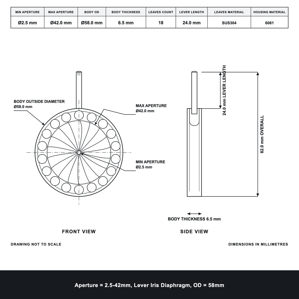 Aperture = Ø2.5-42mm, Lever Iris Diaphragm, Outer Diameter = Ø58mm