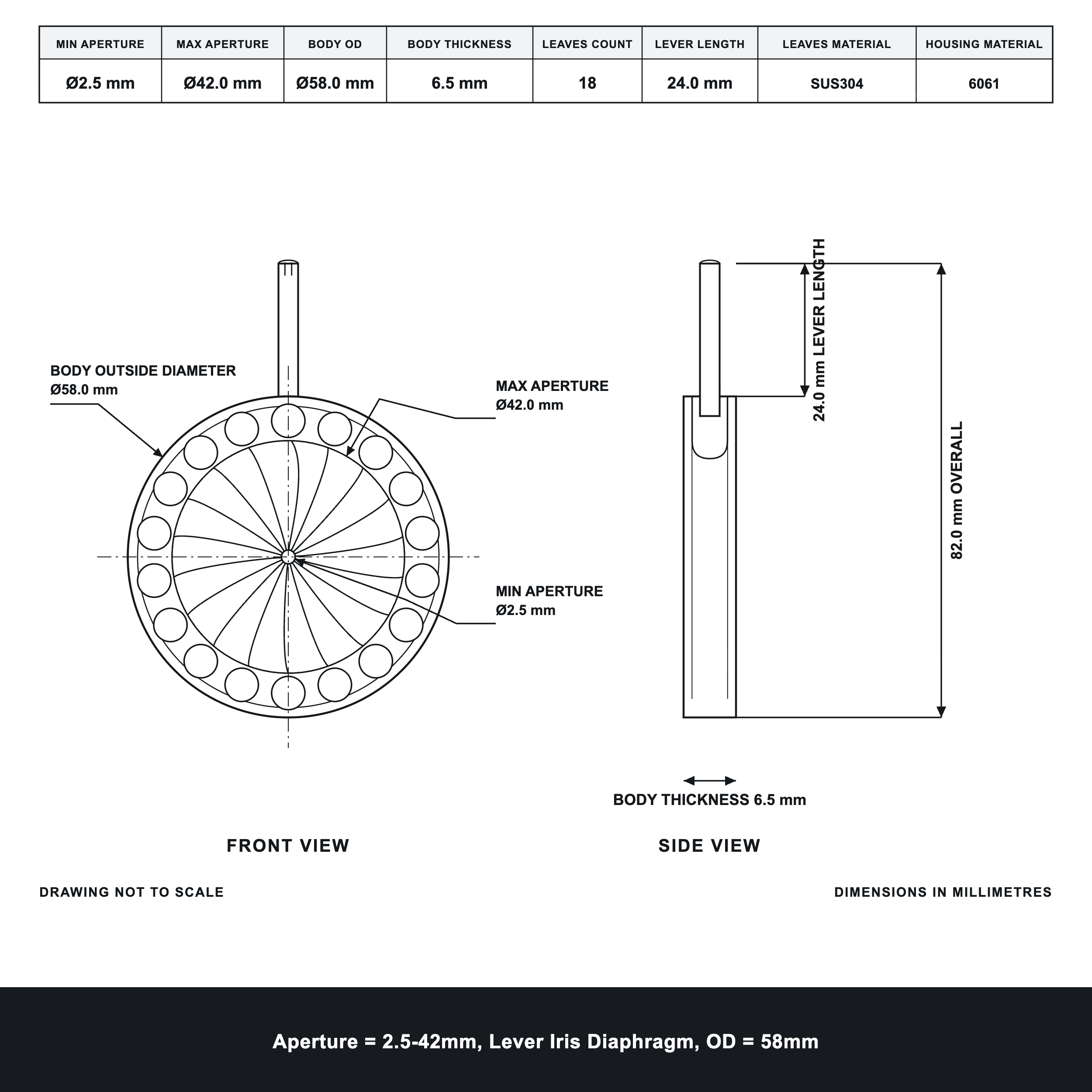 Aperture = Ø2.5-42mm, Lever Iris Diaphragm, Outer Diameter = Ø58mm