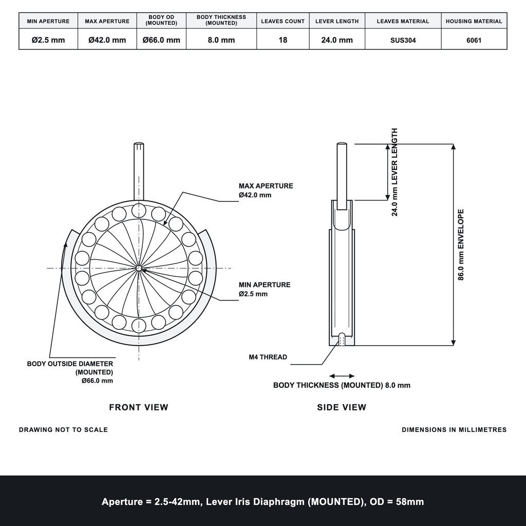 Aperture = Ø2.5-42mm, Lever Iris Diaphragm, Outer Diameter = Ø58mm