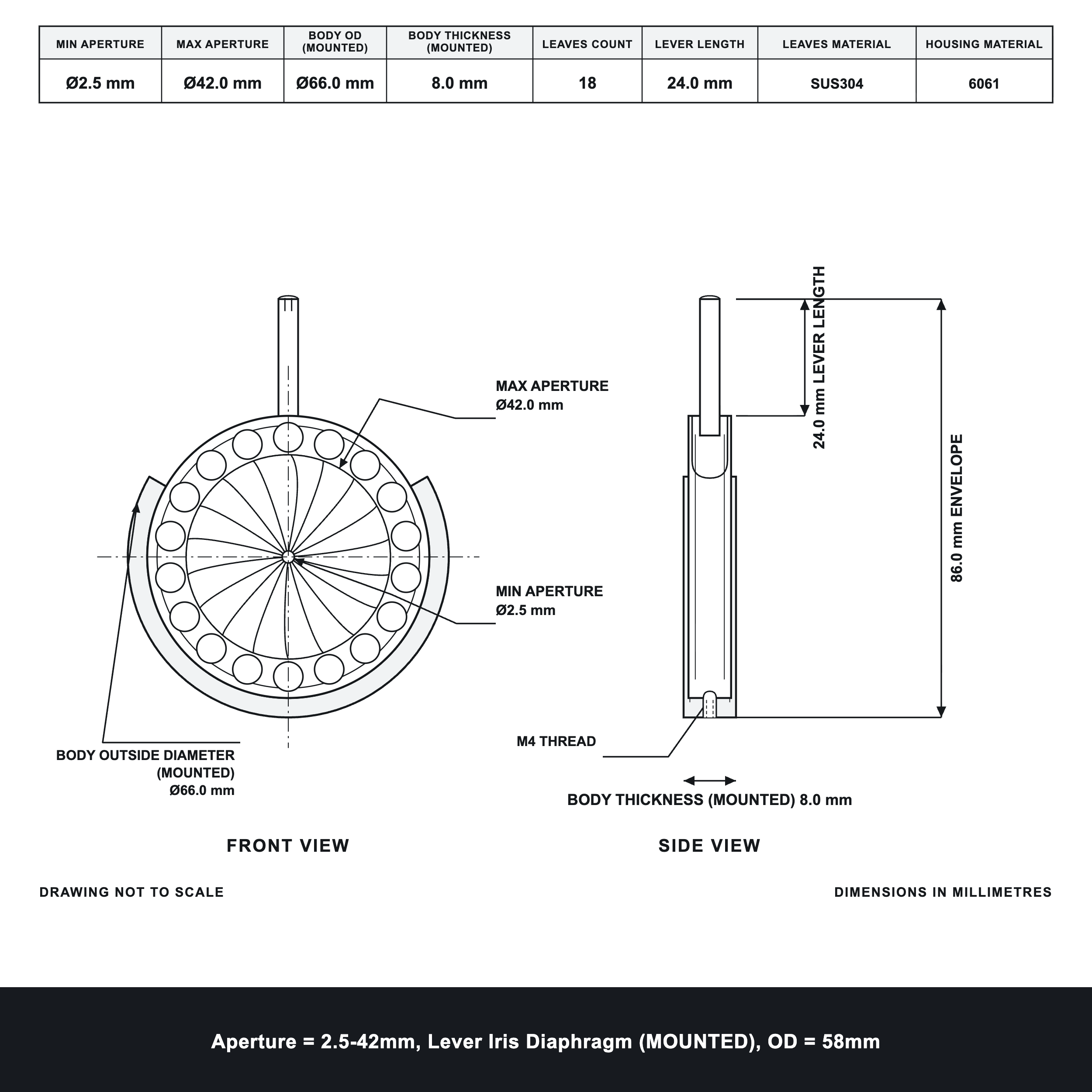 Aperture = Ø2.5-42mm, Lever Iris Diaphragm, Outer Diameter = Ø58mm