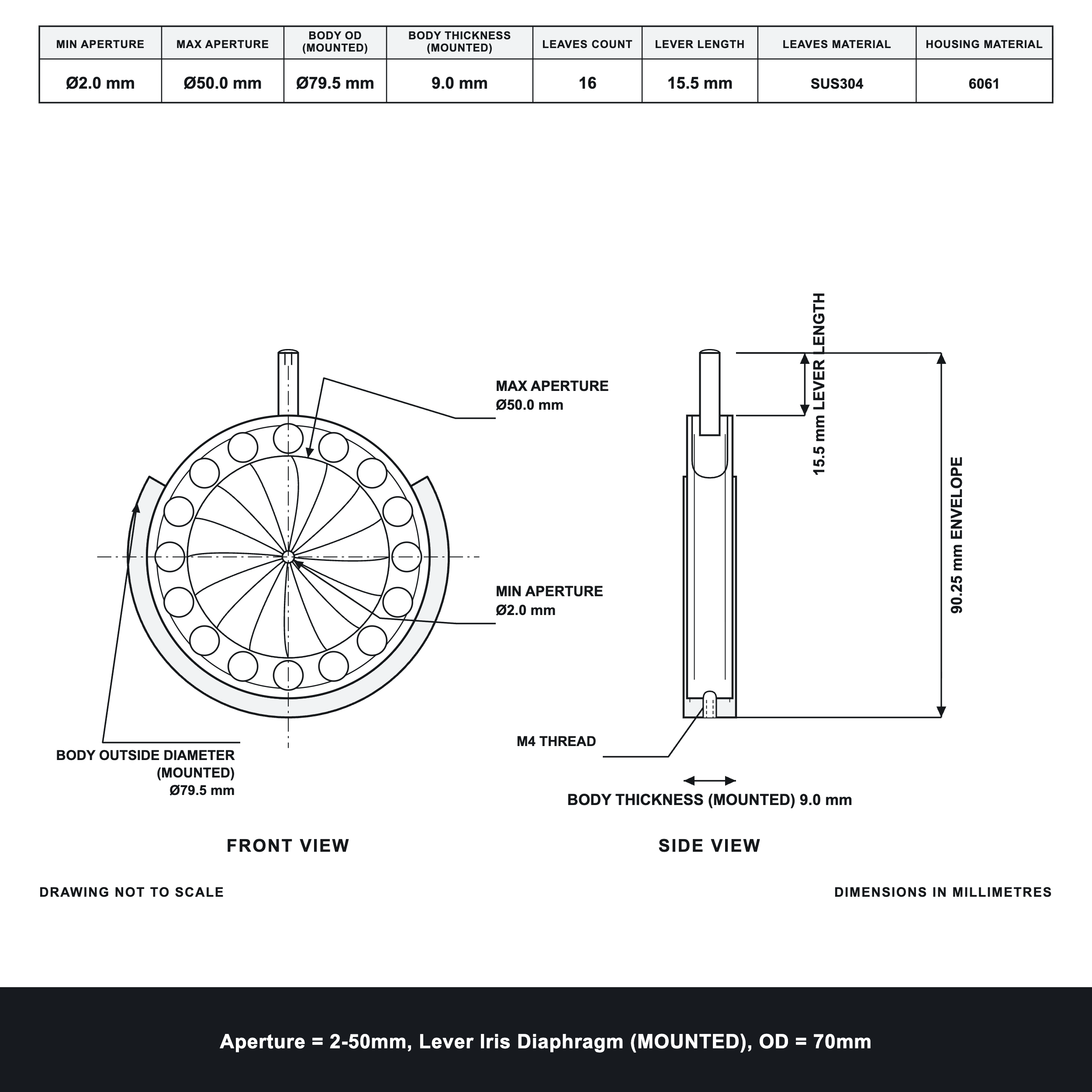 Aperture = Ø2-50mm, Lever Iris Diaphragm, Outer Diameter = Ø70mm