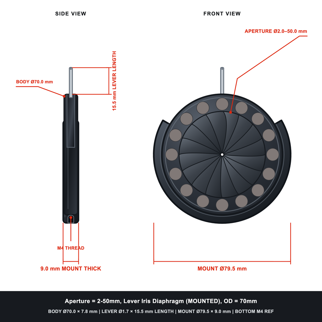 Aperture = Ø2-50mm, Lever Iris Diaphragm, Outer Diameter = Ø70mm