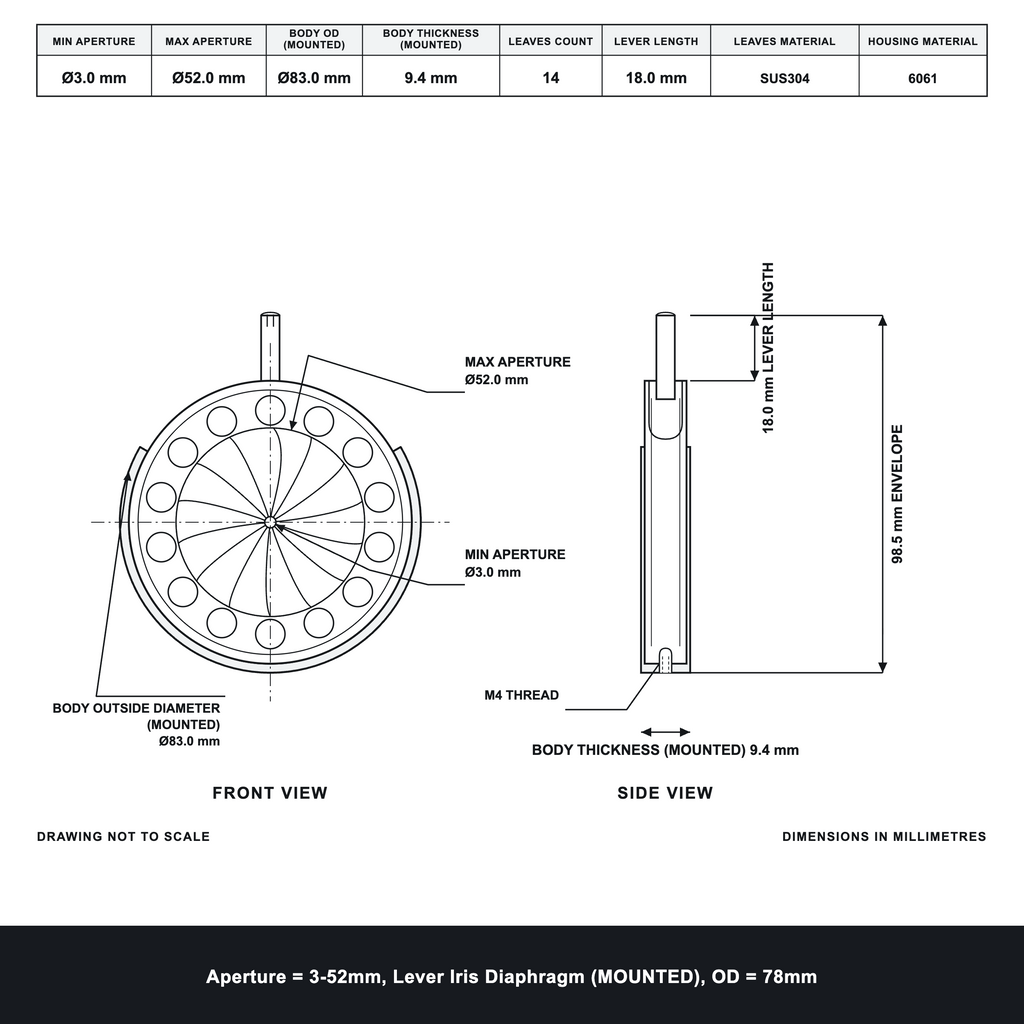 Aperture = Ø3-52mm, Lever Iris Diaphragm, Outer Diameter = Ø78mm