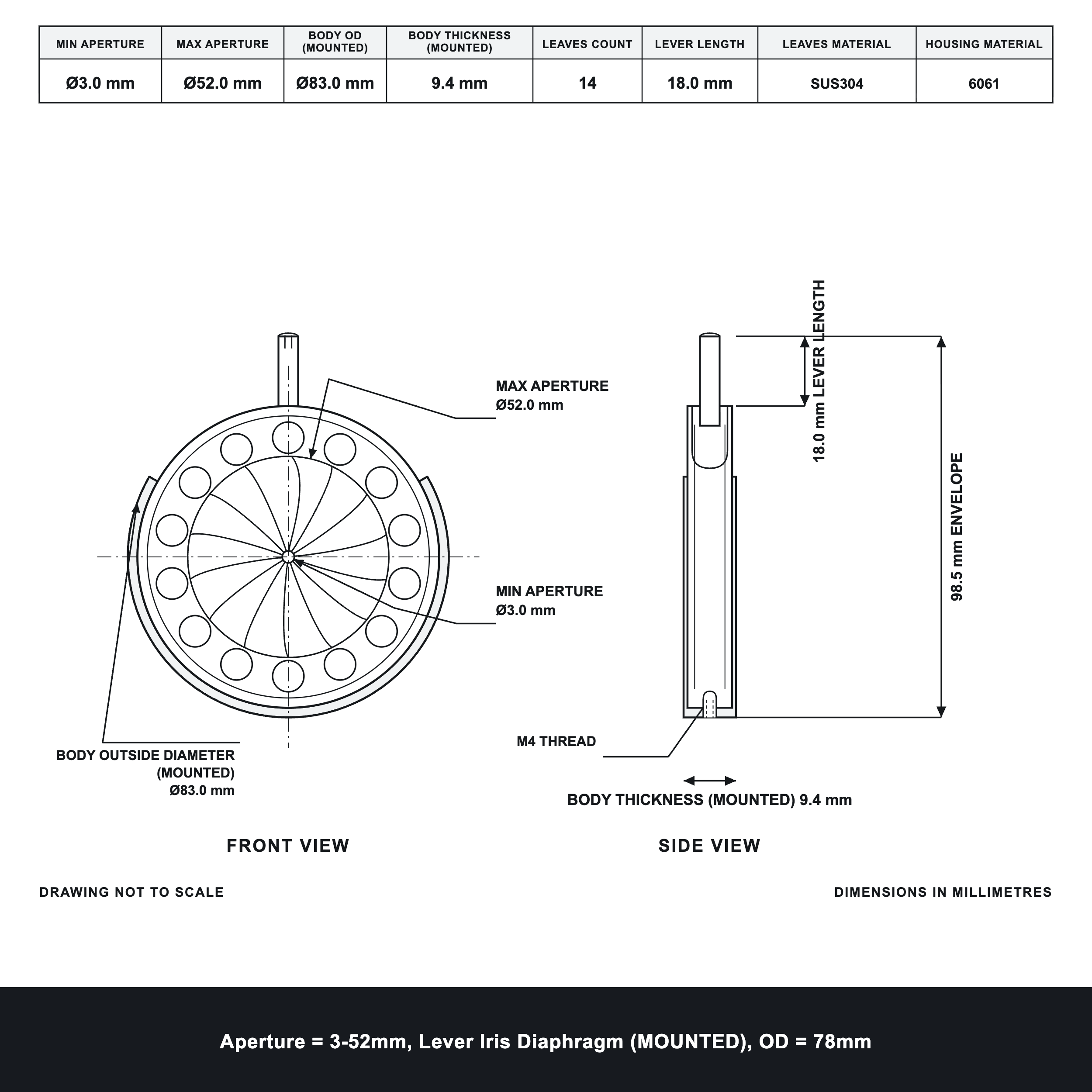 Aperture = Ø3-52mm, Lever Iris Diaphragm, Outer Diameter = Ø78mm