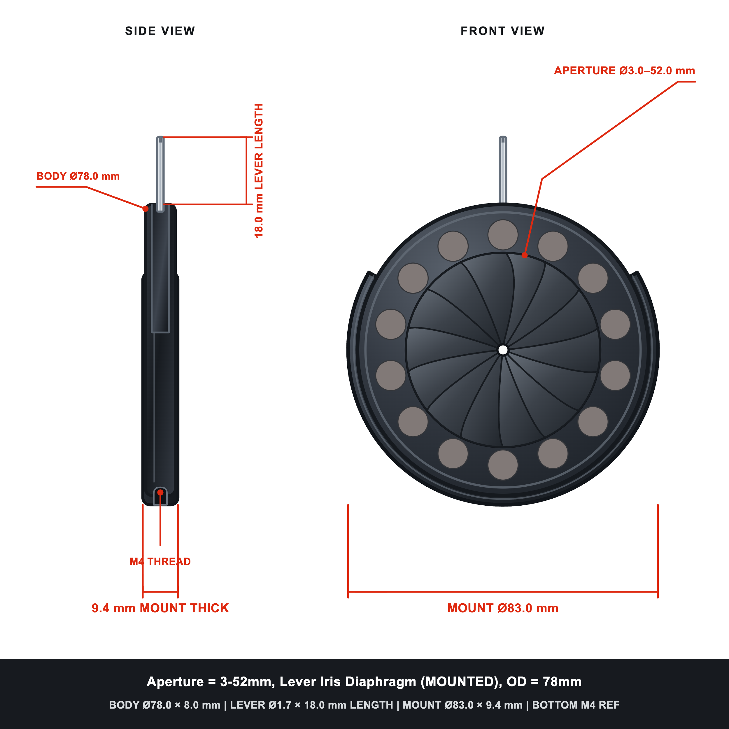 Aperture = Ø3-52mm, Lever Iris Diaphragm, Outer Diameter = Ø78mm