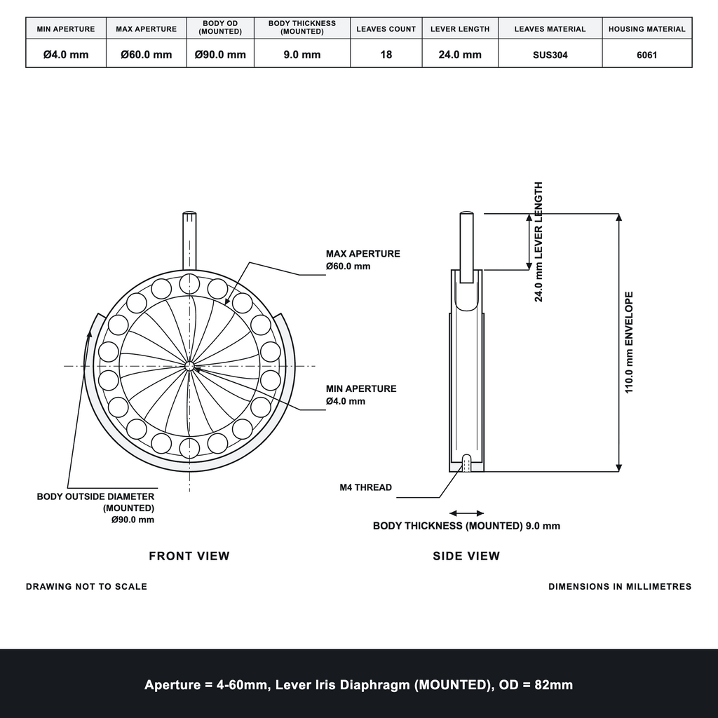Aperture = Ø4-60mm, Lever Iris Diaphragm, Outer Diameter = Ø82mm