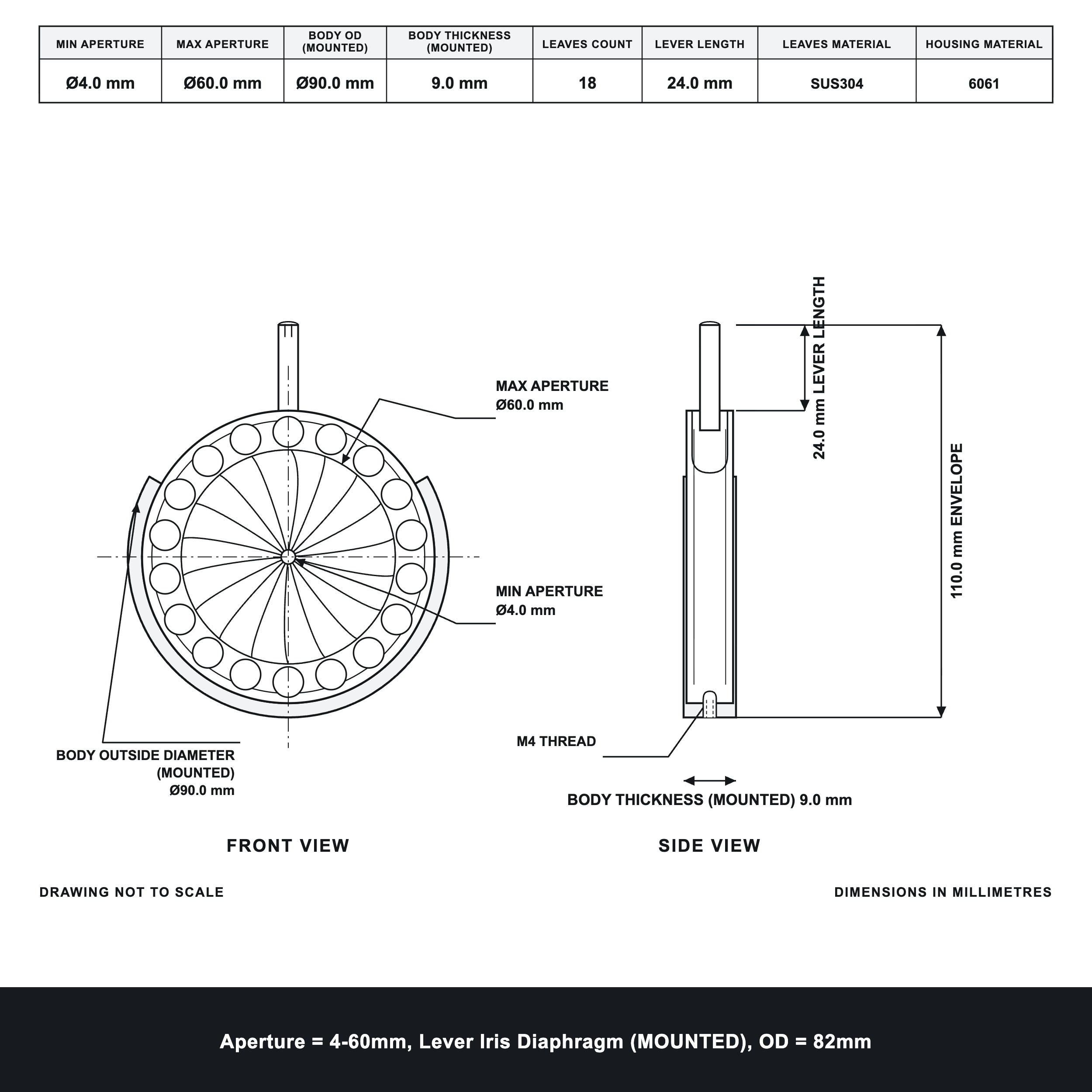Aperture = Ø4-60mm, Lever Iris Diaphragm, Outer Diameter = Ø82mm