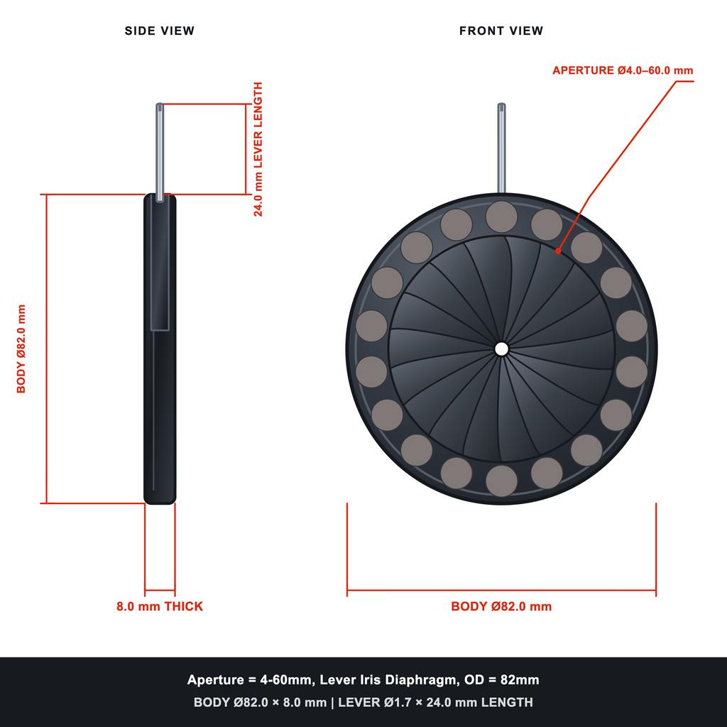 Aperture = Ø4-60mm, Lever Iris Diaphragm, Outer Diameter = Ø82mm