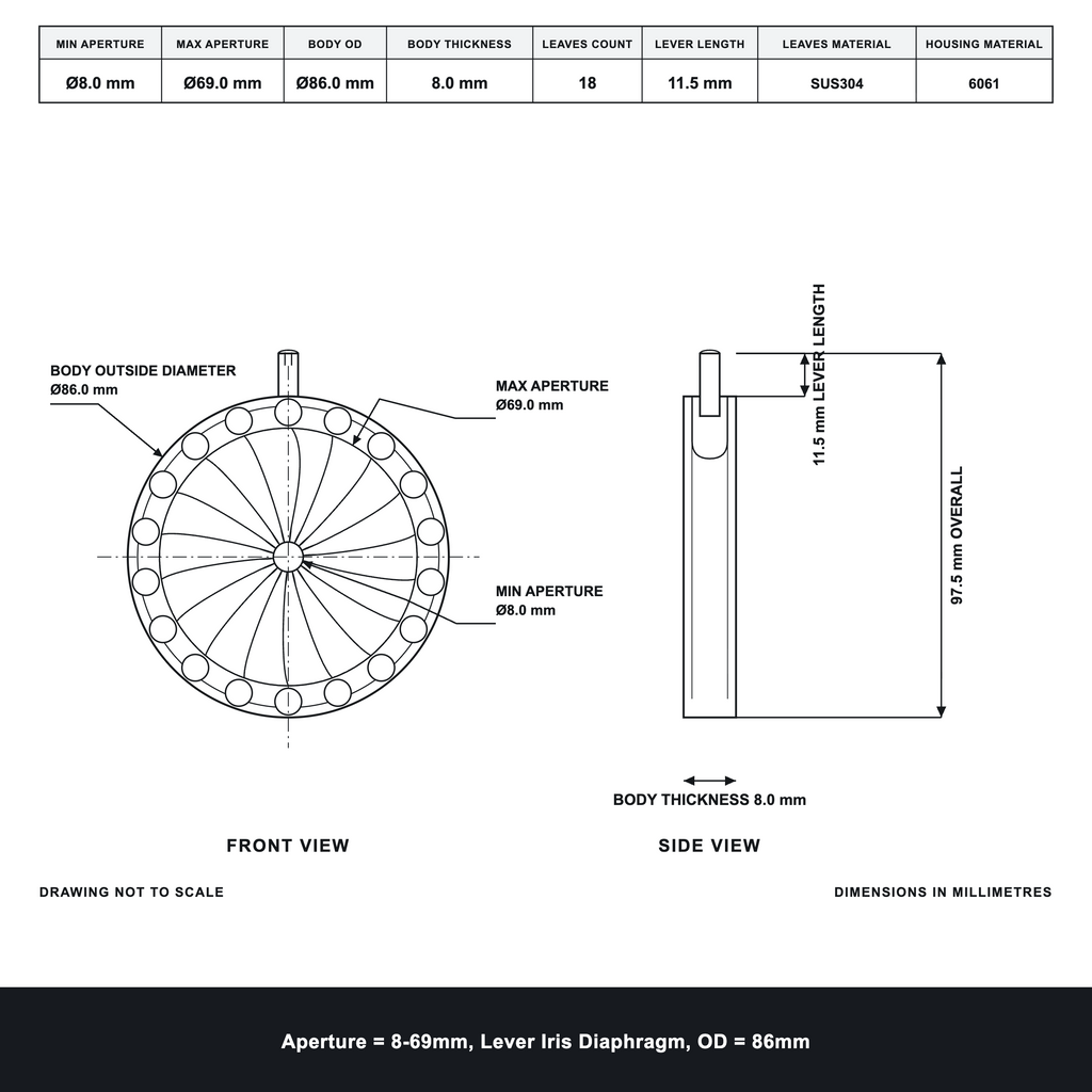 Aperture = Ø8-69mm, Lever Iris Diaphragm, Outer Diameter = Ø86mm