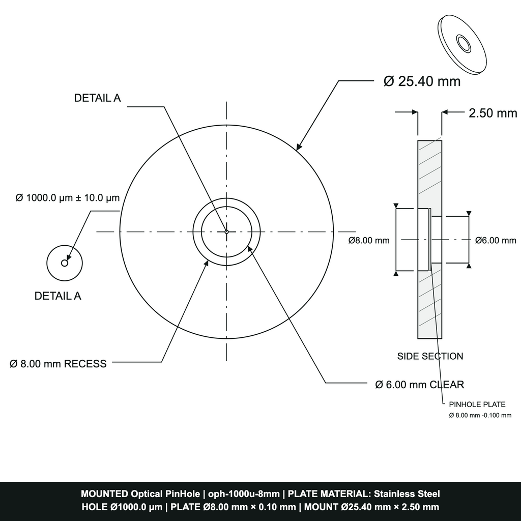 ⌀1000µm Optical Pinhole, dia8mm Stainless Steel Plate