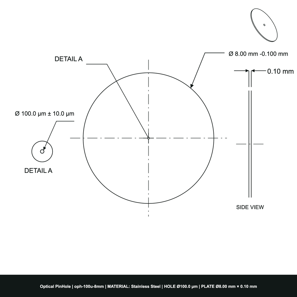 ⌀100µm Optical Pinhole, dia8mm Stainless Steel Plate