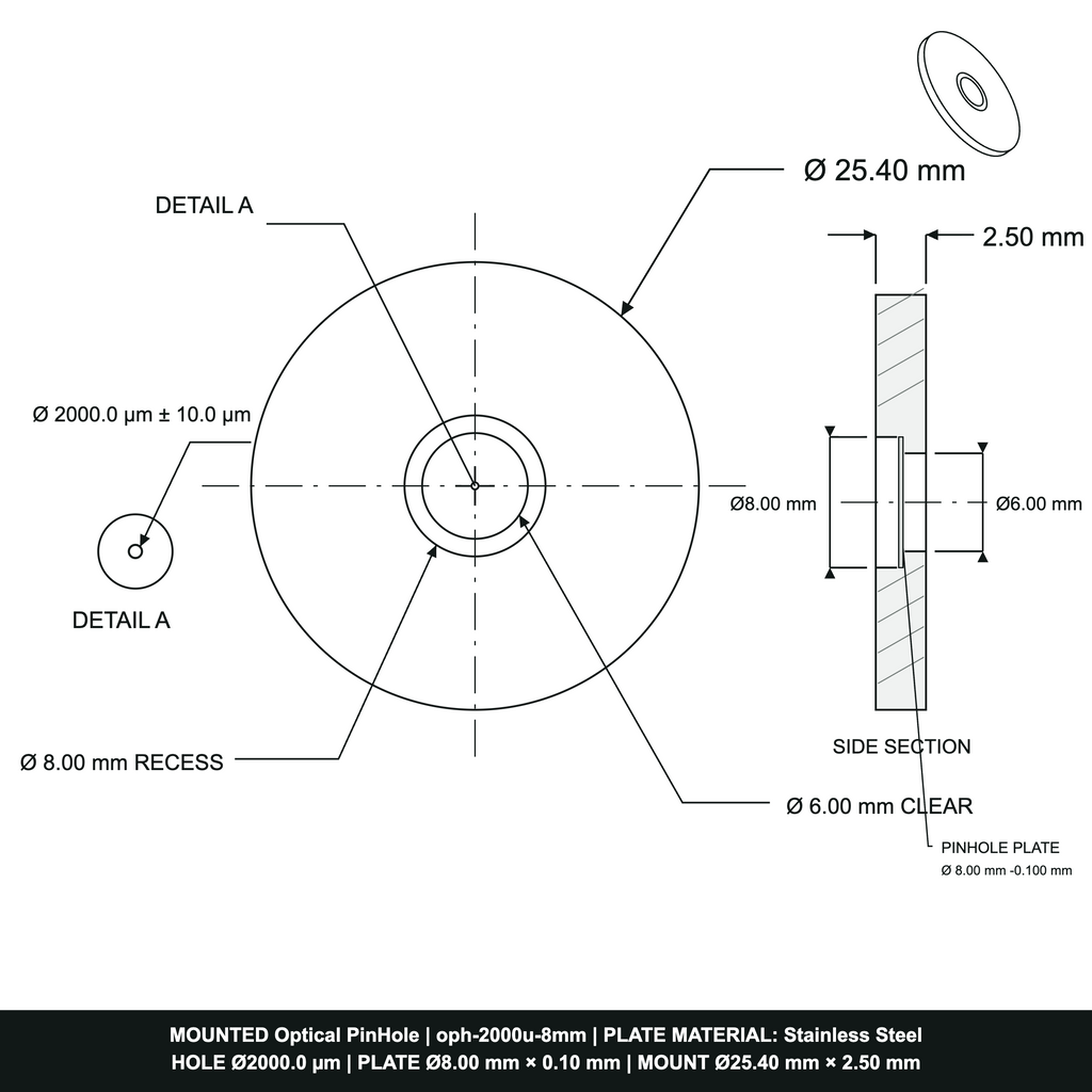 ⌀2000µm Optical Pinhole, dia8mm Stainless Steel Plate