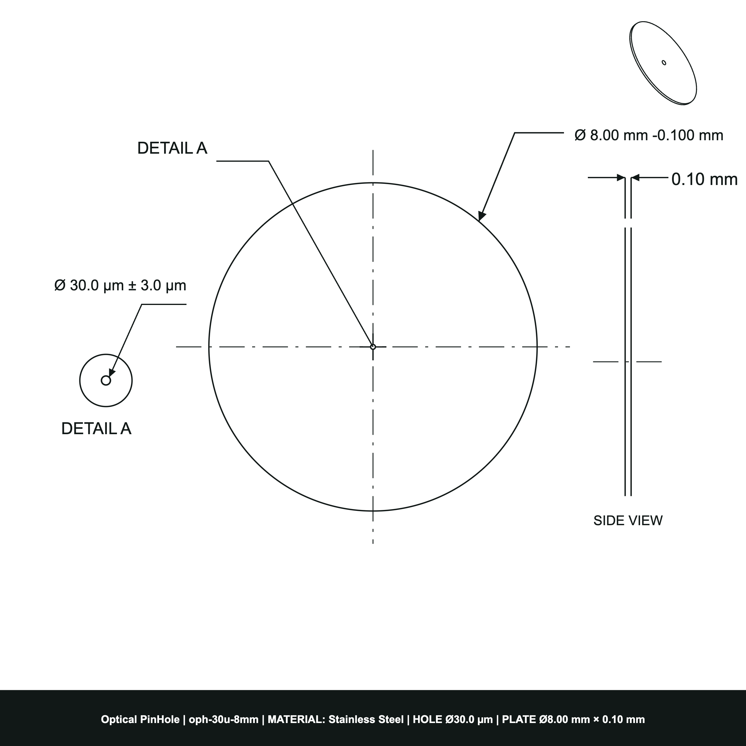 ⌀30µm Optical Pinhole, dia8mm Stainless Steel Plate