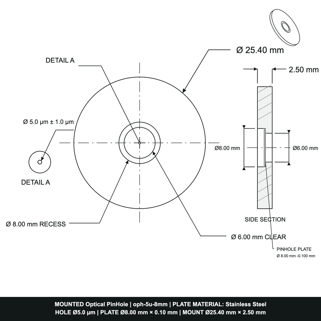 ⌀5µm Optical Pinhole, dia8mm Stainless Steel Plate