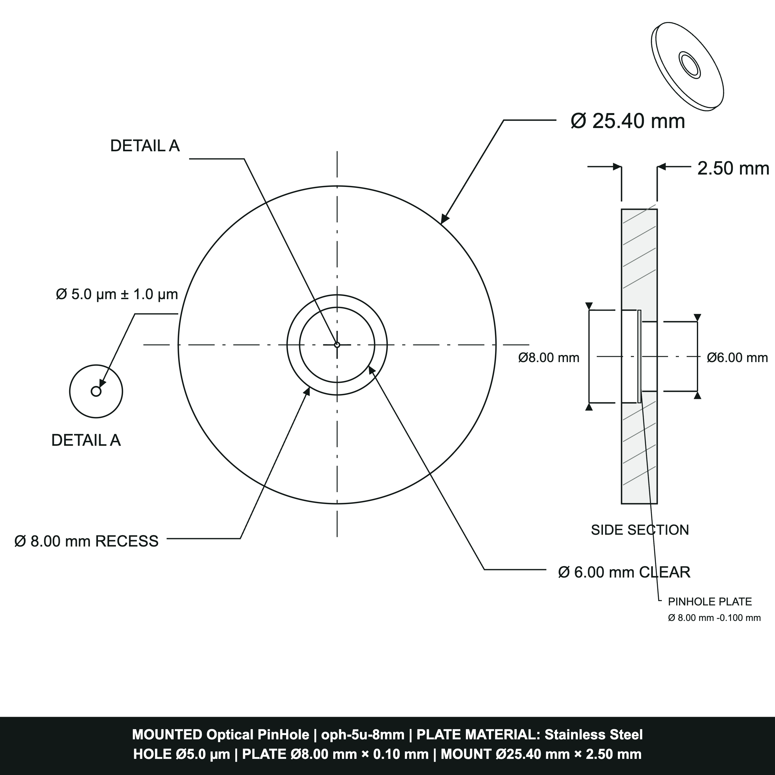⌀5µm Optical Pinhole, dia8mm Stainless Steel Plate