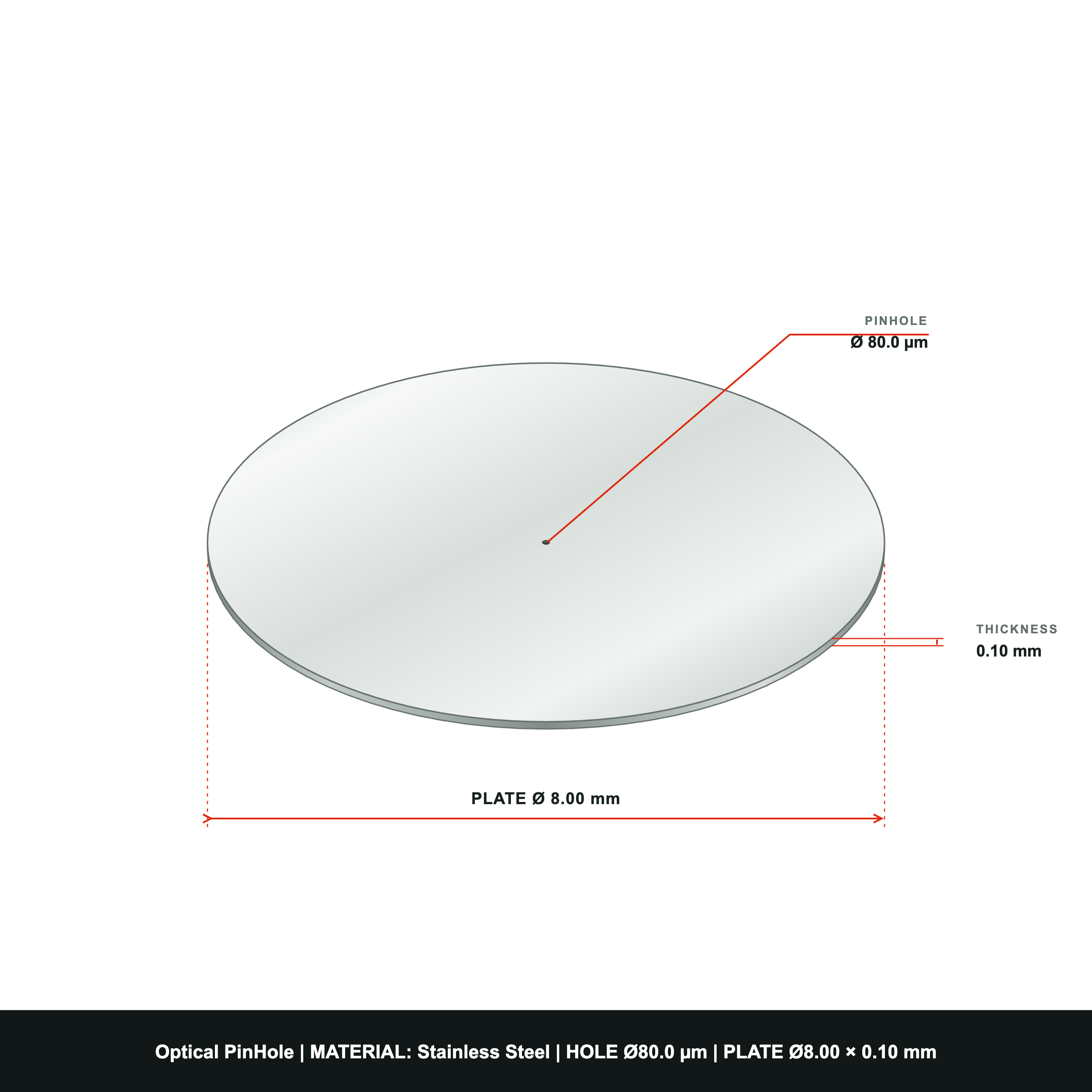 ⌀80µm Optical Pinhole, dia8mm Stainless Steel Plate