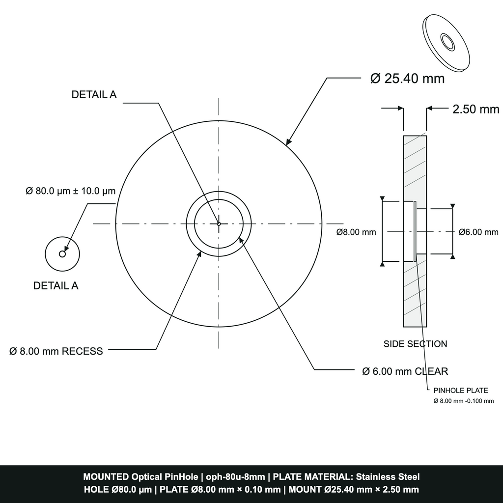 ⌀80µm Optical Pinhole, dia8mm Stainless Steel Plate